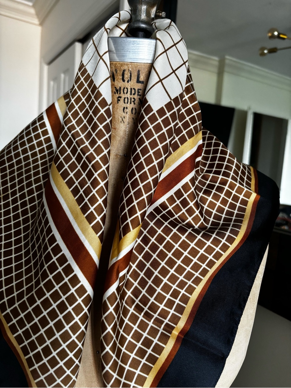 Silk-Feel Brown and Black Geometric Scarf - Picture 8 of 9